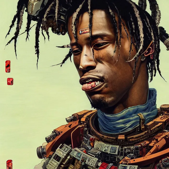 Image similar to a beautiful ukiyo painting of travis scott as a timepunk battle space pilot, wearing space techwear, detailed close up portrait, intricate complexity, concept art, by takato yamamoto, wlop, krenz cushart. cinematic dramatic atmosphere, sharp focus, digital full likeness art. center frame