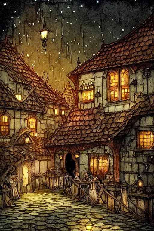 Image similar to medieval tavern exterior night, shingled roof, dark alleyway, fantasy, intricate, elegant, highly detailed, digital painting, artstation, concept art, matte, sharp focus, illustration, art by kay nielsen and walter crane, illustration style, watercolor