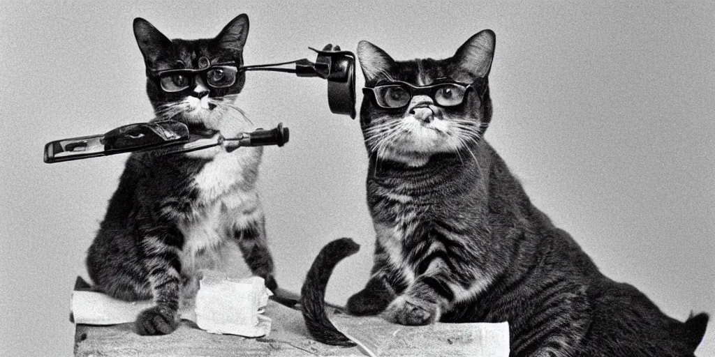 Prompt: an old balck and white photo, film grain, 1900 of a very serious cat wearing glasses holding a telephone in its paws and yelling into a rotery phone, clear, serious, funny