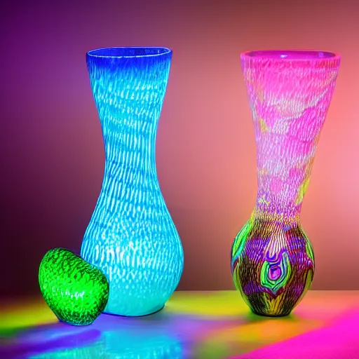 Prompt: murano glass vase in animal shape with neon lighting showcase, professional photo, 8 k, 4 k, studio lighting