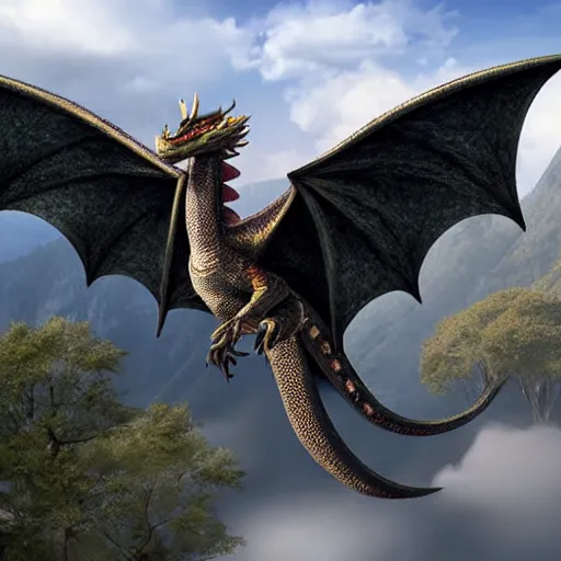 Prompt: dragon flying over village 4 k realistic
