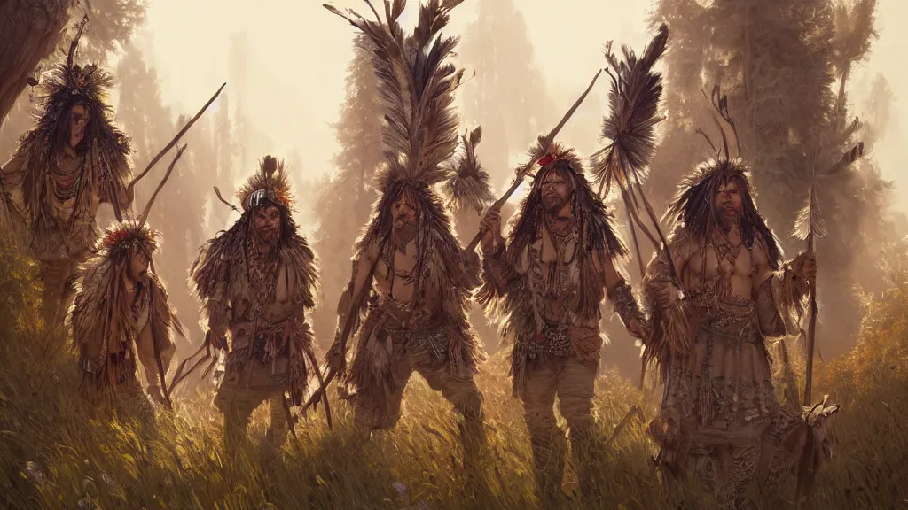 Prompt: highly detailed portrait of a group of grizzled indigenous men, feathered headdress, traditional clothing, unreal engine, fantasy art by greg rutkowski, ferdinand knab, makoto shinkai and lois van baarle, ilya kuvshinov, rossdraws, tom bagshaw, global illumination, radiant light, detailed and intricate environment, group of hunters