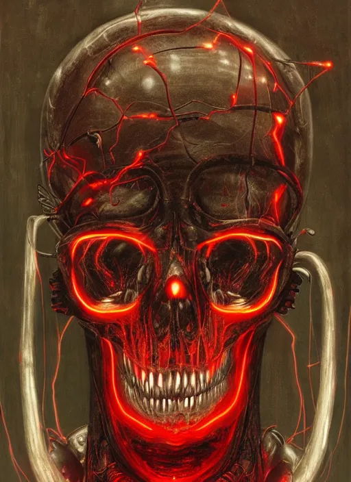 Prompt: portrait of cybernetic skull with glowing red eyes, by wayne barlow, stanley donwood, anton semenov, zdzislaw bekinski, hr giger, 8 k, sci fi, dark, highly detailed