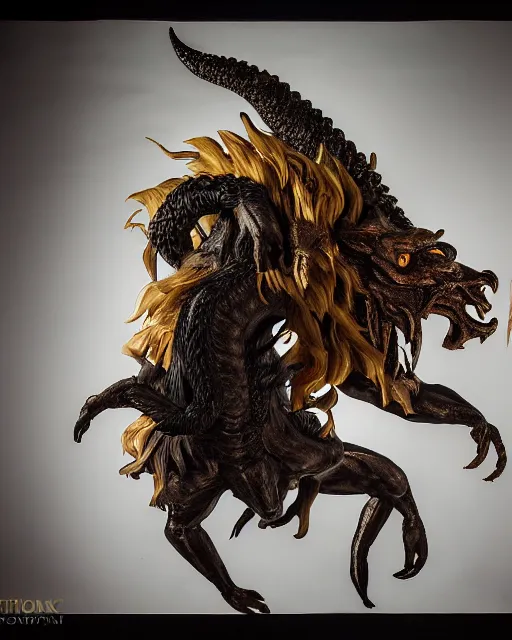 Image similar to photographs of a mythical manticore, a legendary animal with the head of a man, the body of a lion, and the tail of a dragon or scorpion 5 0 mm, studio lighting, in the style of national geographic