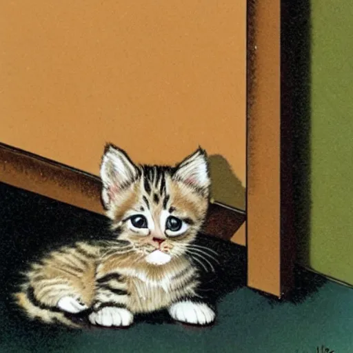 Prompt: a tiny helpless kitten with wet sad eyes, in the middle of an empty room, spotlit, by al feldstein