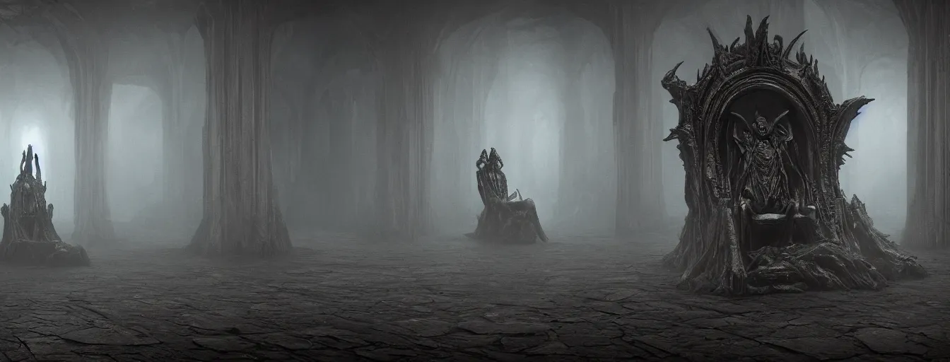 Image similar to dark fantasy throne, inside the satan's hall, demon guards, ethereal, ominous, misty, volumetric lighting 8 k, cryengine, by h. r. giger and zdizslaw beksinski, elden ring