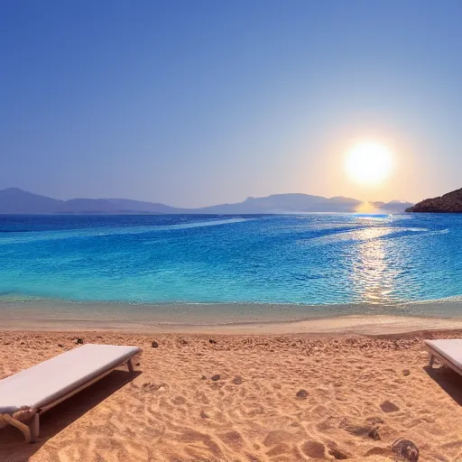 Image similar to sun beds on Elafonissi Beach in crete, 8k resolution, hyper detailed