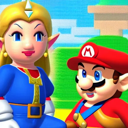 Prompt: princess zelda is talking sitting next to mario bross