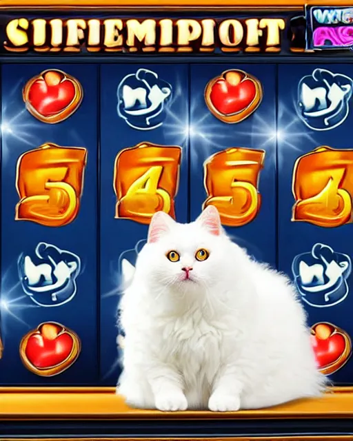 Prompt: a cute fluffy white cat winning slot machine jackpot in cat casino