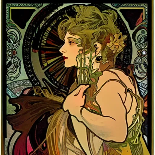 Image similar to narcissism in the style of alphonse mucha