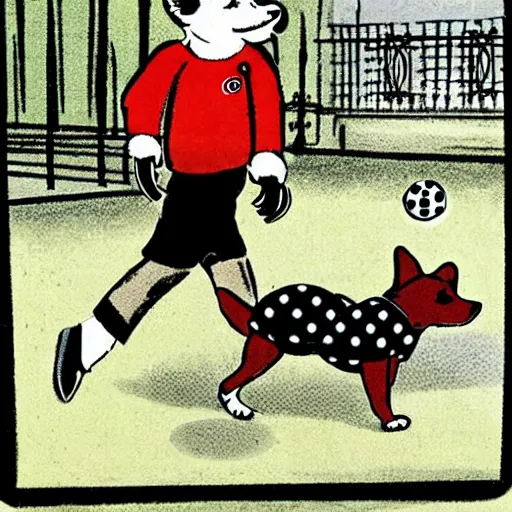 Image similar to illustration of french boy on the streets of paris playing football against a corgi, the dog is wearing a polka dot scarf, comic, 1 9 6 2