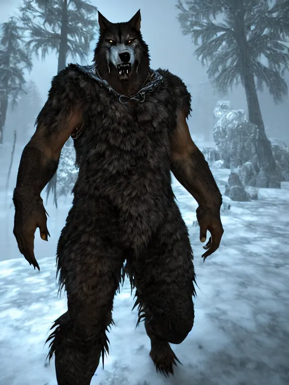 Image similar to cute handsome cuddly burly surly relaxed calm timid werewolf from van helsing unreal engine hyperreallistic render 8k character concept art masterpiece screenshot from the video game the Elder Scrolls V: Skyrim