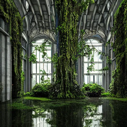 Image similar to “derelict architecture single building , the windows are covered in moss with growing vines, building designed by architect Zaha Hadid, architecture digest, building surrounded in a luxury environment, bright tones, fluorescent lighting,volumetric Lighting, photorealism, high detail, golden ratio, cinematic, octane renderer”