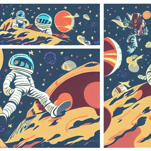 Image similar to colorful pixar, mcbess illustration, an astronaut drifting through space