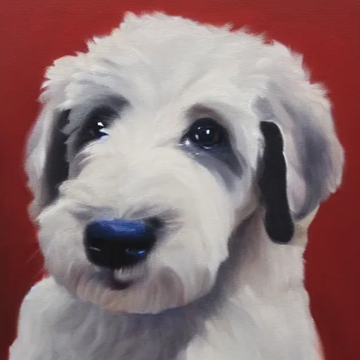 Prompt: a handsome portrait of an aussie doodle pup, oil on canvas, high budget