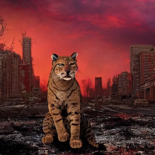 Prompt: big cat watching a ruined post-apocalyptic city under burning red sky, photorealistic