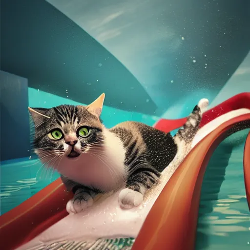 Prompt: cat sliding down a water slide, water park, cat having fun, cute, water splashes, pool, by Mateusz Urbanowicz, 8k character concept art, by WLOP, rainbow magic particles, cinematic lighting, trending on artstation, symmetrical portrait symmetrical, highly detailed CGsociety, hyper