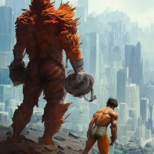 Image similar to shredded physique crisp defined Man Streetfighter Dude wearing Tiger Costume standing atop dumpster greg rutkowski greg danton tony sart raymond swanland chris foss chris cold christophe norman rockwell young acrylic 4k artstation wikiart wikipedia realism tilt-shift