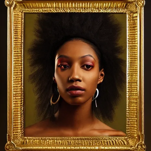 Image similar to portrait of young afro woman in renaissance dress and renaissance headdress, art by peter lindbergh