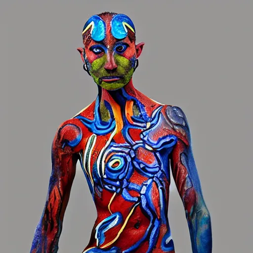 Prompt: human form bodypainting. tileable frogs painted on a human figure.