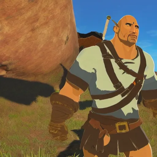 Image similar to dwayne the rock johnson as zelda breath of the wild character screenshot from zelda breath of the wild game