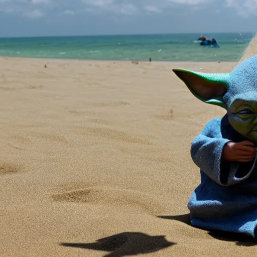 Image similar to sad real life Yoda on the beach