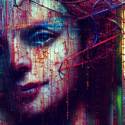 Prompt: portrait of a young redhaired woman of wires and cables, glitched, digital display, marta syrko, julia margaret cameron, painterly, dripping and splashing coloured paint. scumbling, de kooning, craig mullins