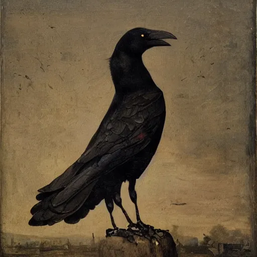 Prompt: portrait of a black crow from behind looking over his shoulders with a sparkle in the eye, oil painting in the style of bieter bruegel the elder, highly detailed and crisp render of distressed feathers, eyes made out of reflective chrome like a mirror