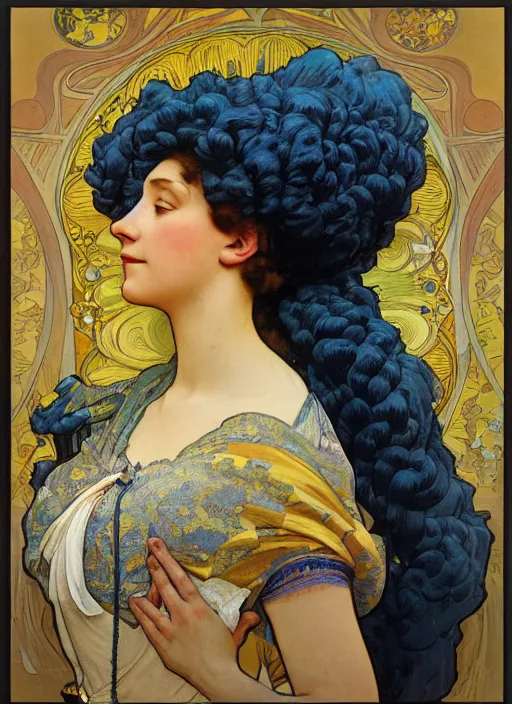 Image similar to Real life Marge Simpson, painted by Alphonse Mucha, highly detailed, 8k