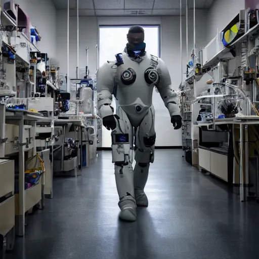 Image similar to a man in a mech suit walking in a lab, National Geographic photo, !!award-winning!!