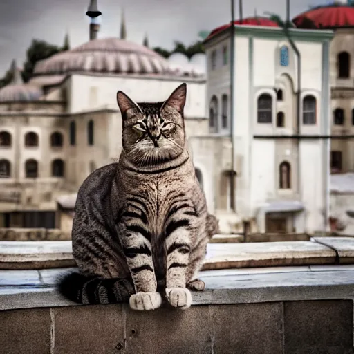 Image similar to A giant cat sitting next to a mosque in Istanbul, daytime, photorealistic, 4K, HD, award winning