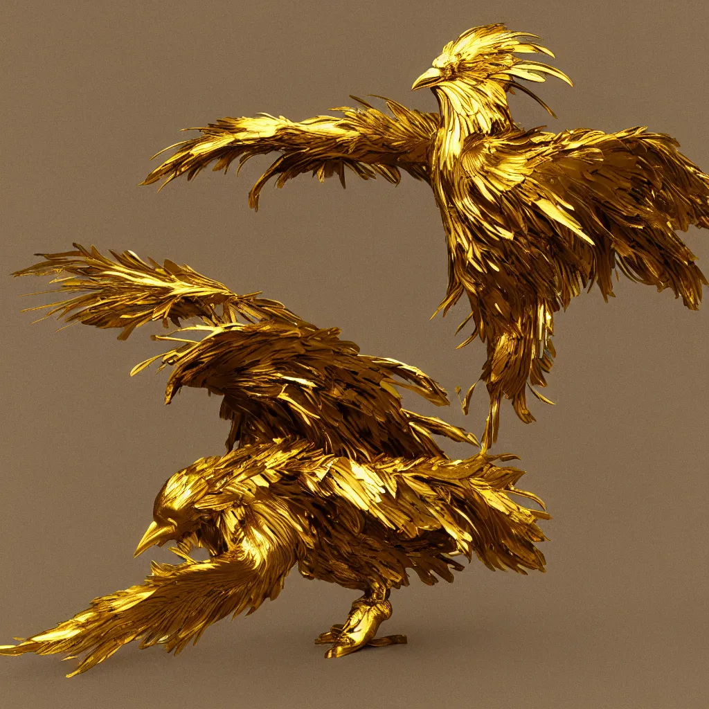Prompt: golden Raven with feathers made of gold leaf, losing feathers, white background, octane render, dramatic action shot