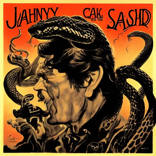 Image similar to album cover for Johnny Cash: The Snake Oil Tapes, album art by Frank Frazetta, snake oil album, snakes