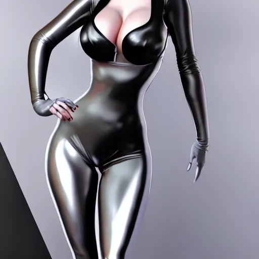 Image similar to portrait of a curvy feminine hot pale goth woman with elaborate elegant tight silver nylon latex and silk outfit, cgsociety, realistic, highly detailed, sublime, 16k, smooth, sharp focus, ArtStation, hyperdetailed, volumetric lighting