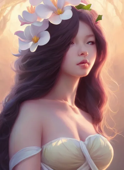 Prompt: character concept art of a goddess of magnolias as angelic young female | | seductive - fine - face, pretty face, key visual, realistic shaded perfect face, fine details by stanley artgerm lau, wlop, rossdraws, james jean, andrei riabovitchev, marc simonetti, and sakimichan, trending on artstation