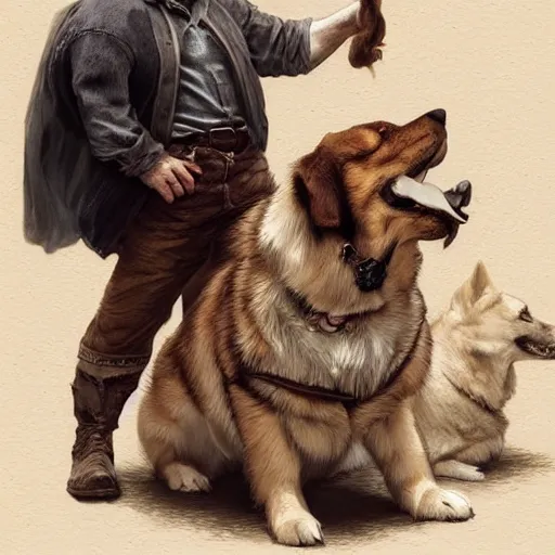 Image similar to portrait of a old, ruggedly handsome man holding a corgi dog, soft hair, muscular, half body, cloth, hairy, d & d, fantasy, intricate, elegant, highly detailed, digital painting, artstation, concept art, smooth, sharp focus, illustration, art by artgerm and greg rutkowski and alphonse mucha