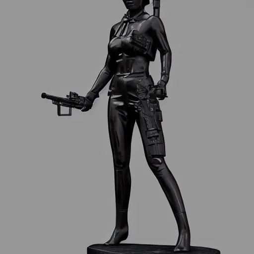 Image similar to a statue of an extremely beautiful female anime riot policewoman made of black marble, 4 k, 8 k, hd, render, denoise, sharp focus, clear focus, beautiful lighting, trending on artstation, tactical gear, chest rig, straps, nylon, buckles