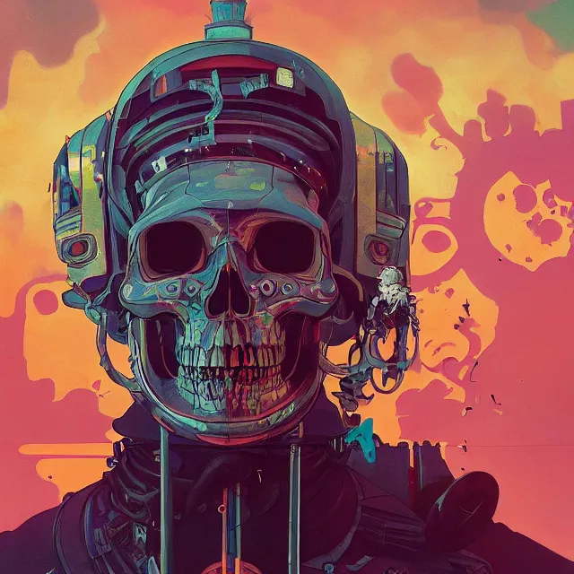Prompt: a beautiful painting of a ( cyberpunk ) skull by simon stalenhag and pascal blanche and alphonse mucha! and nekro. in style of digital art. colorful comic, film noir, symmetry, hyper detailed. octane render. trending on artstation
