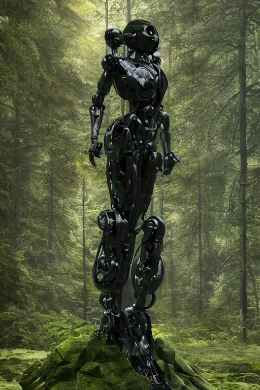 Image similar to A robot statue in the middle of a forest taken back by nature by Greg Rutkowski, Sung Choi, Mitchell Mohrhauser, Maciej Kuciara, Johnson Ting, Maxim Verehin, Peter Konig, final fantasy , 8k photorealistic, cinematic lighting, HD, high details, atmospheric,