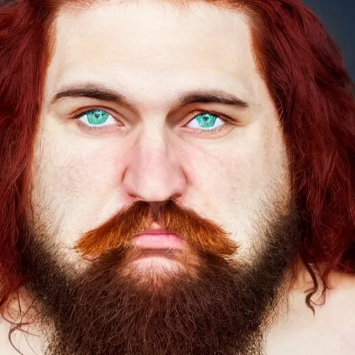 Image similar to burly russian man with large jaw, medium - length red hair, short goatee, innocent green eyes, and broad shoulders