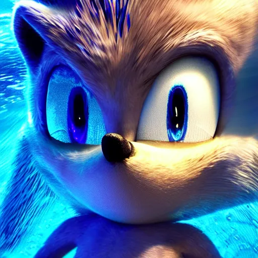 Image similar to stunning awe inspiring photorealistic sonic the hedgehog underwater gasping for air, movie still 8 k hdr atmospheric lighting