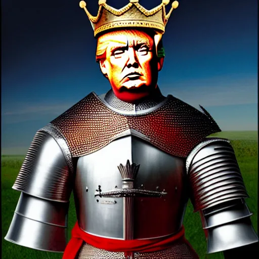 Prompt: full - body - front - shot, donald trump, knight'armor, crown, renaissance painting of a knight, detailed face