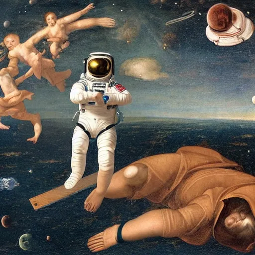 Image similar to a renaissance painting of a astronaut floating lonely in space, masterpiece, high quality, highly detailed, 4K, anatomically correct, high coherence, highly detailed, digital art