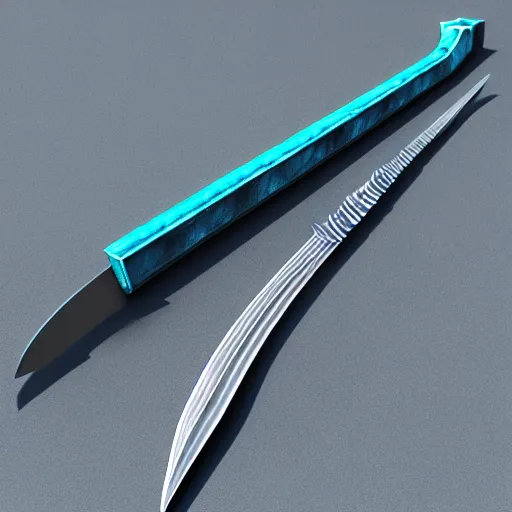 Prompt: Glaive, 3D render, fantasy weapon, long, sharp, intricate fantasy detailing, ((tinted blue))