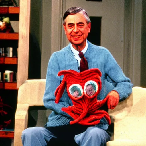 Prompt: mr. rogers proudly displaying his mr. rogers made of octopus, color production backstage photo