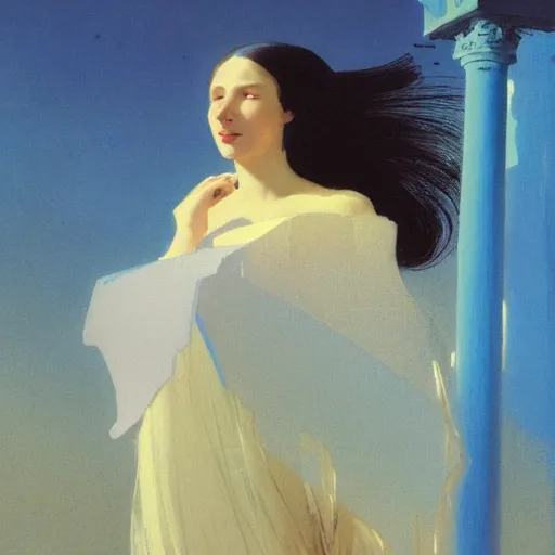 Prompt: a young woman's face, her hair is white and she wears a cobalt blue satin cloak, by ivan aivazovsky and syd mead and moebius and gaston bussiere and roger dean and pieter claesz and paul delaroche and alma tadema and aelbert cuyp and john berkey, hyperrealistic, volumetric light, octane render