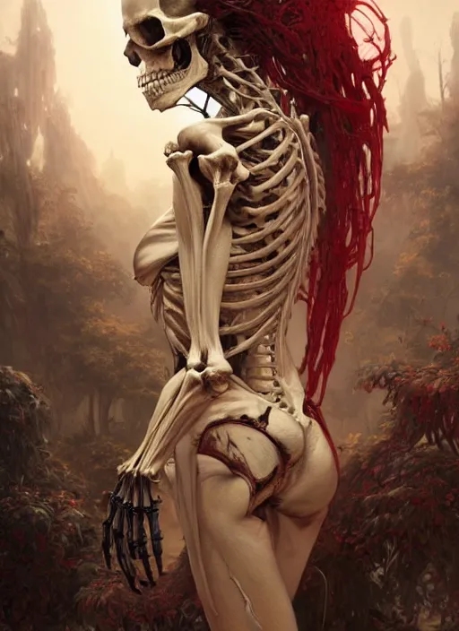 Image similar to human skeleton covered with blood, ultra realistic, concept art, intricate details, highly detailed, photorealistic, octane render, 8 k, unreal engine. art by artgerm and greg rutkowski and alphonse mucha