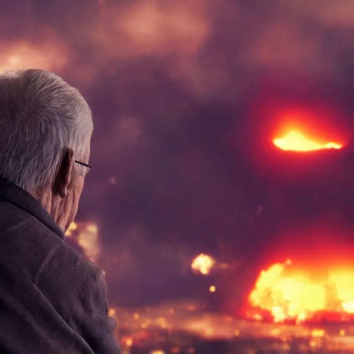 Image similar to cinematic movie close up shot, background blur bokeh, old man sitting with black cat watching nuke explosion close up!, world ending nuke, 4 k