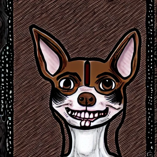 Image similar to a dark brown chihuahua, hyper detailed, in the style of junji ito and berserk, selfie