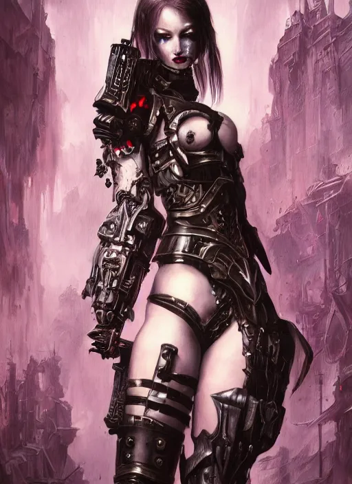 Image similar to portrait of beautiful pale gothic muscular cyber warrior girl with sword, covered in blood, warhammer 40000, cyberpunk, intricate, elegant, highly detailed, digital painting, artstation, concept art, smooth, sharp focus, illustration, art by artgerm and greg rutkowski and alphonse mucha and Gustav Klimt and Ilya Kuvshinov